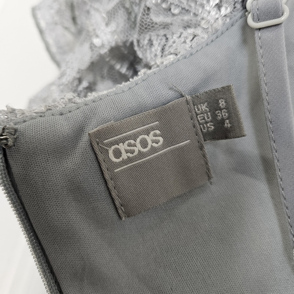 ASOS Lace Dress Off Shoulder Pencil Midi Form Fitting Ruffle Thin Straps Size 4 - Picture 9 of 10